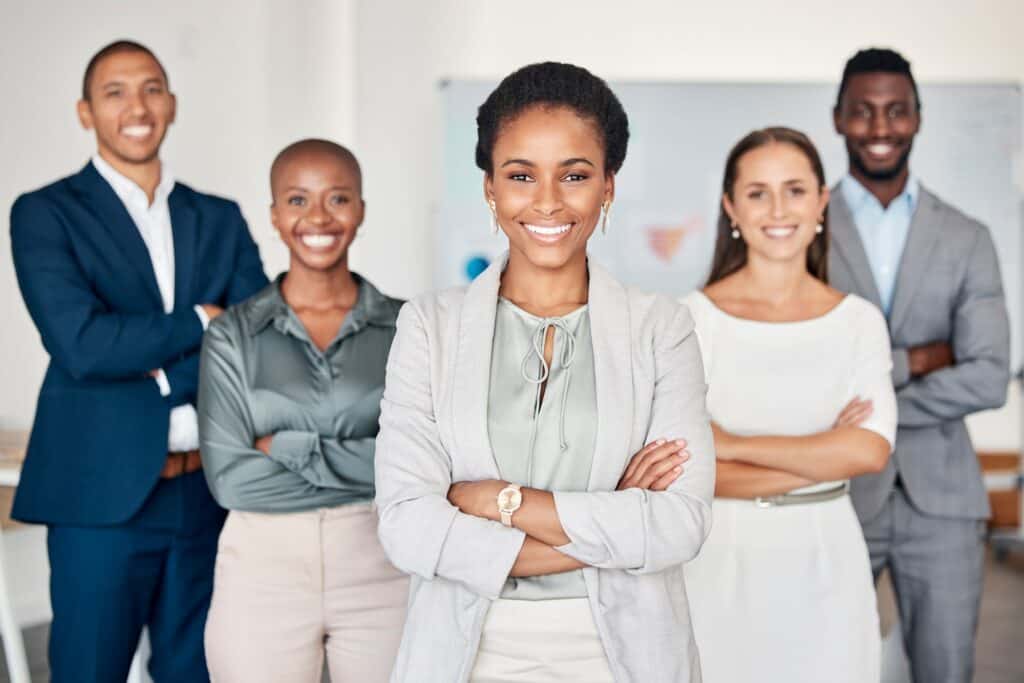 Black woman leadership, portrait and happy teamwork, management and collaboration, company vision a